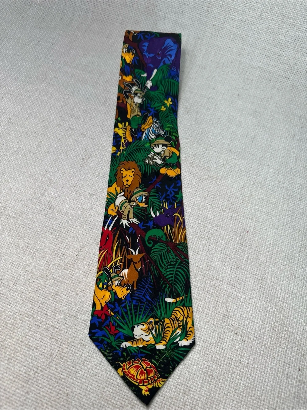 Disney Jungle Animal Print Tie in Green, Blue, Yellow, Red, Black 100% Silk